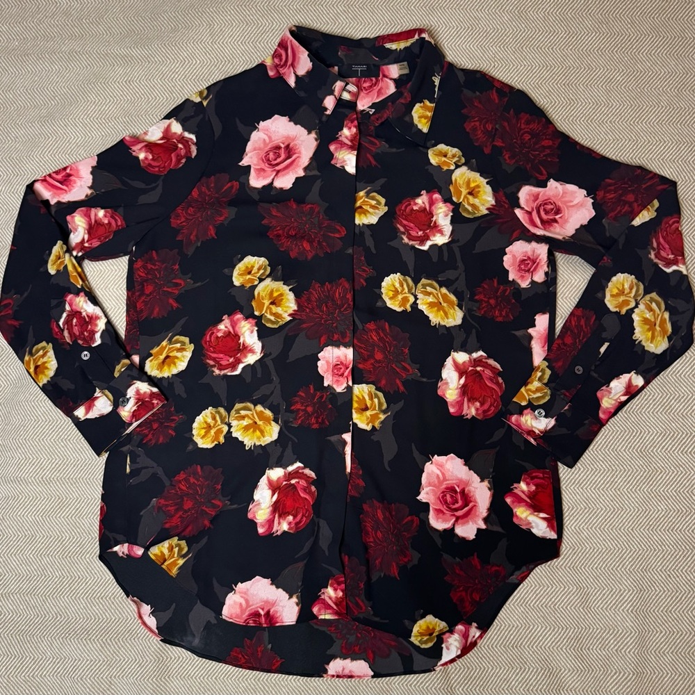 Tahari Chiffon Sheer Floral Button Up Size M Festival Moody Dark Fairycore